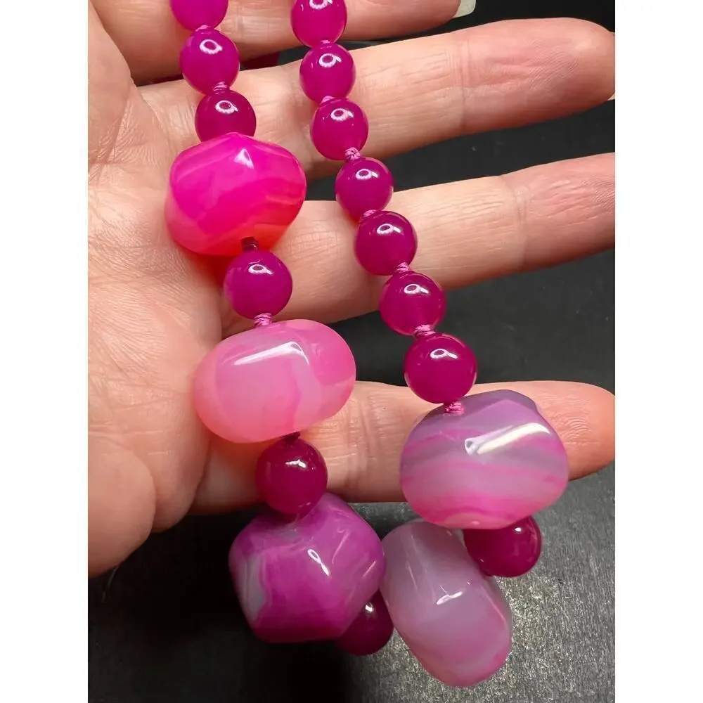 NEW Fuchsia pink dyed agate beaded necklace with sterling silver clasp